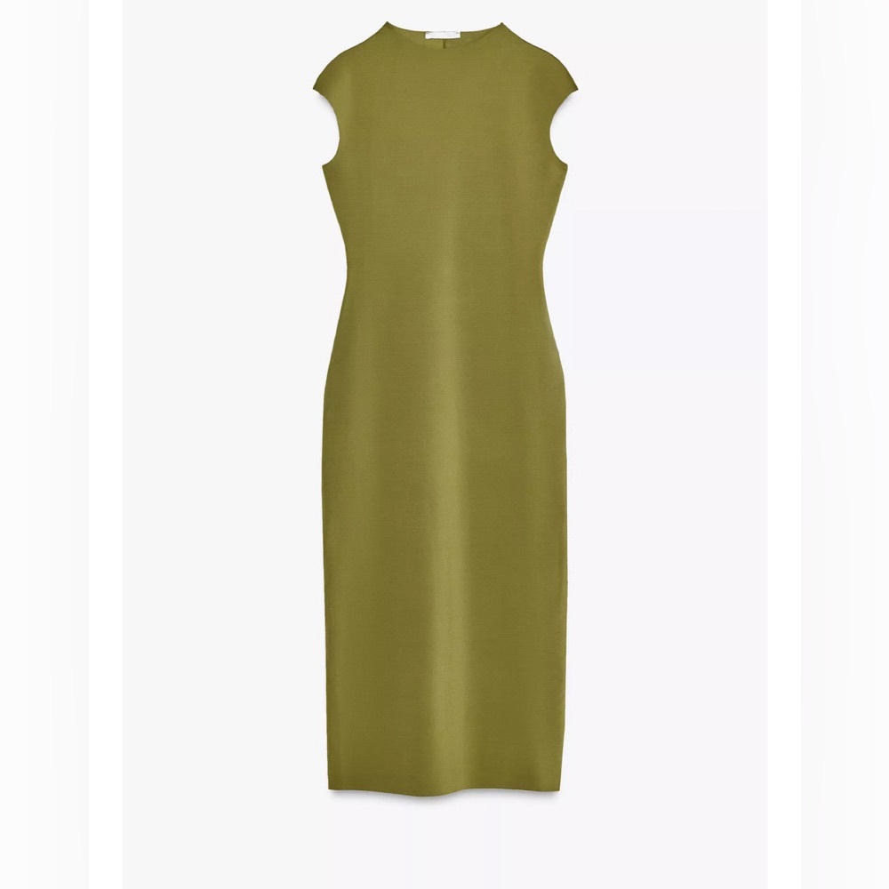 ZARA Olive Fitted Stretchy Crepe Midi Dress